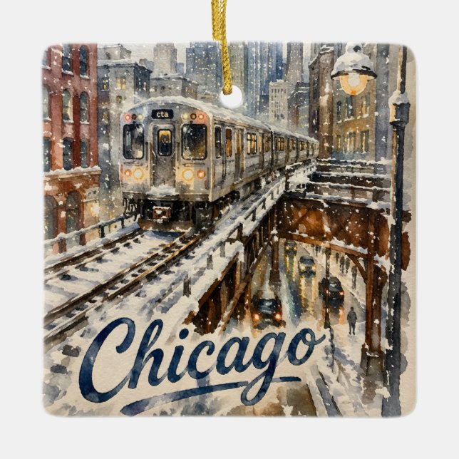Chicago-El-Zug im Winterschnee Keramikornament (Vorderseite)