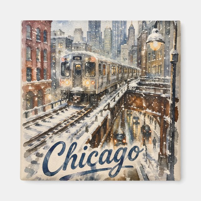 Chicago-El-Zug im Winterschnee Magnet (Vorne)
