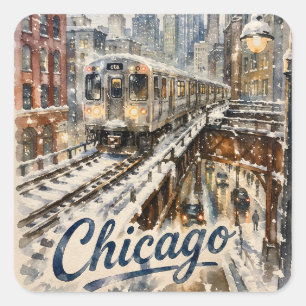 Chicago-El-Zug im Winterschnee Quadratischer Aufkleber
