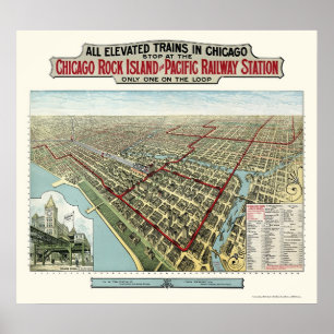 Chicago erhöhte Züge, panoramische Karte IL - 1893 Poster