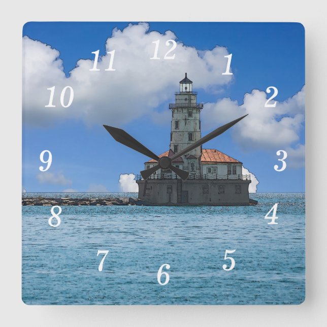 Chicago Harbour Lighthouse Painterly Wall Clock Quadratische Wanduhr (Vorderseite)