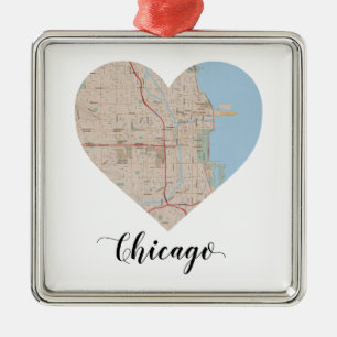 Chicago-Herz-Karte Silbernes Ornament