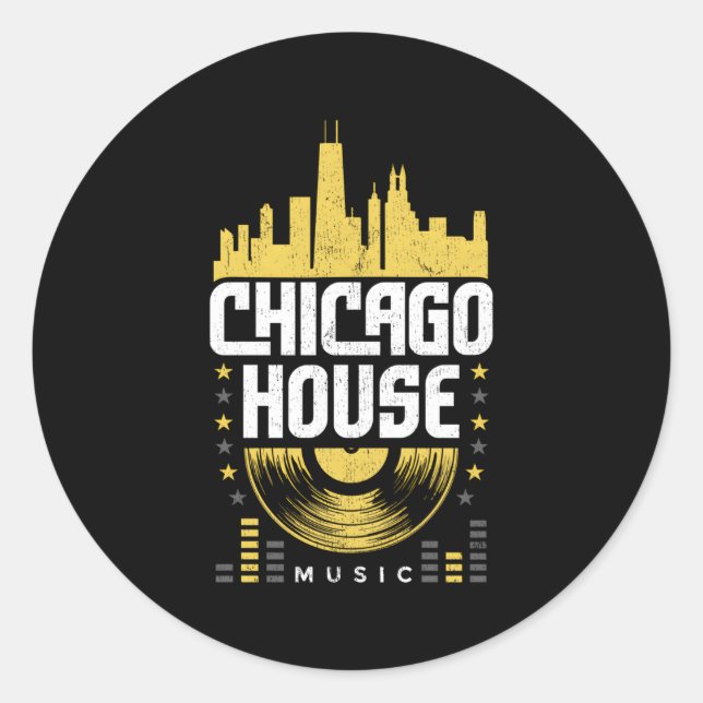 Chicago House Music Vinyl Dj Raver Flag Skyline Runder Aufkleber (Vorderseite)