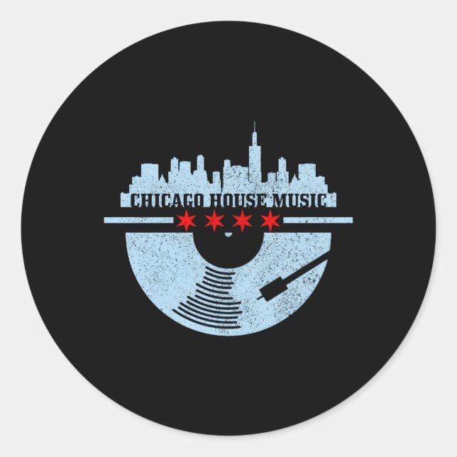 Chicago House Music Vinyl Dj Raver Flag Skyline Runder Aufkleber (Vorderseite)