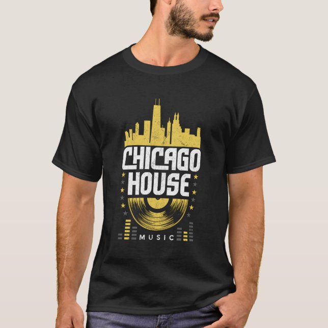 Chicago House Music Vinyl Dj Raver Flag Skyline T-Shirt (Vorderseite)