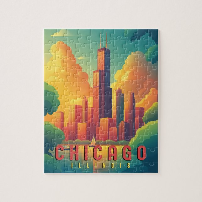 Chicago Iconic Skyline & Lake Michigan Puzzle (Vertikal)