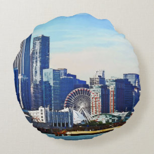 Chicago IL - Chicago Skyline und Navy Pier Rundes Kissen