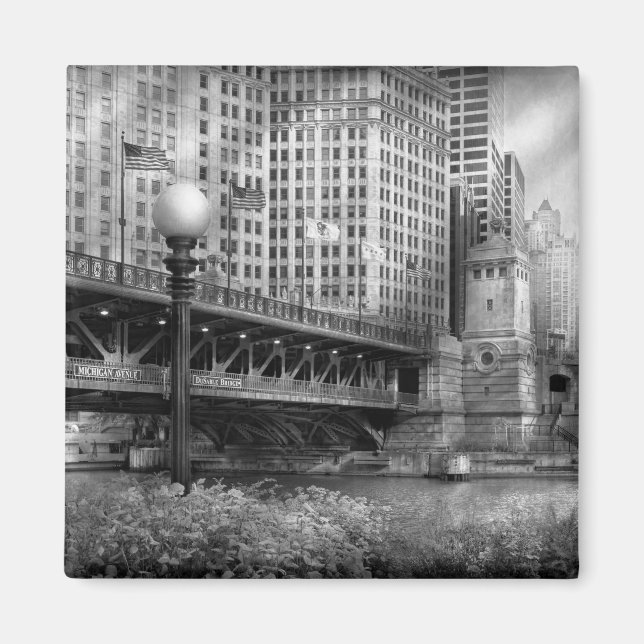 Chicago, IL - DuSable Bridge, Baujahr 1920 - BW Magnet (Vorne)