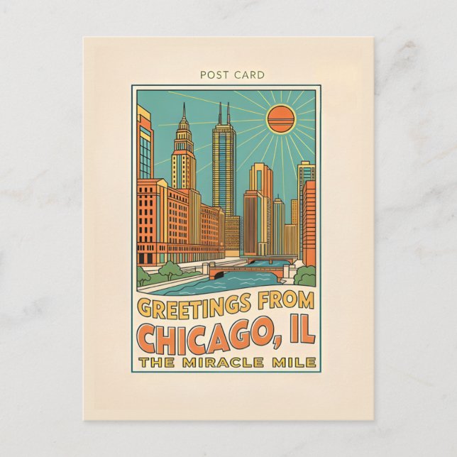 Chicago IL Miracle Mile Retro Postkarte (Vorderseite)