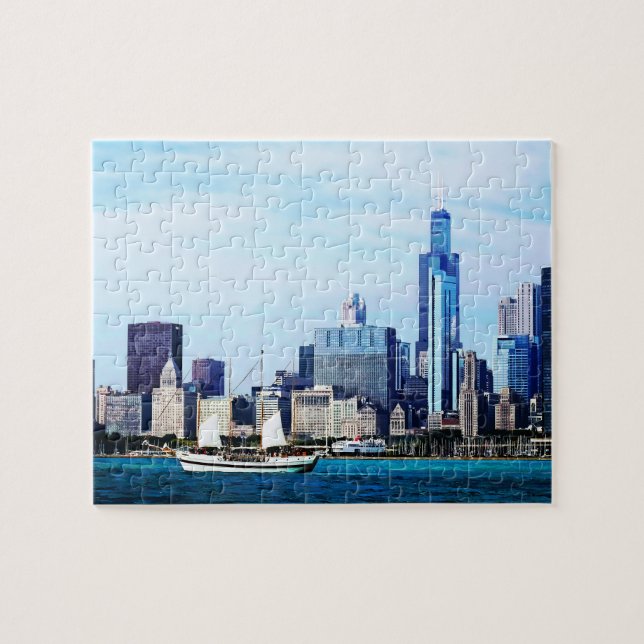 Chicago IL - Schooner gegen Chicago Skyline Puzzle (Horizontal)