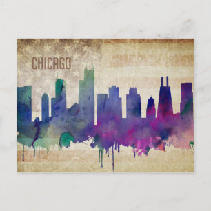 Chicago, IL   Wasserfarbe Stadt Skyline Postkarte