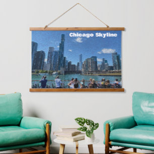 Chicago, Illinois Abstrakt Skyline Wandteppich Mit Holzrahmen
