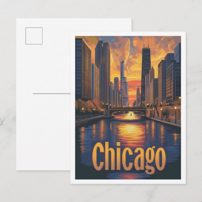 Chicago Illinois Art Vintage Travel Illustration Postkarte (Vorne/Hinten)