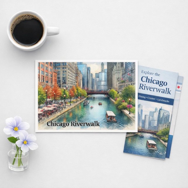 Chicago Illinois City River Postcard Postkarte (Chicago Riverwalk postcard urban charm, autumn color, and skyline magic in every detail)