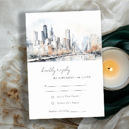 Chicago Illinois City Scape Wassercolor Wedding RSVP Karte