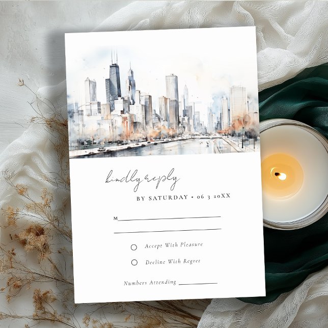 Chicago Illinois City Scape Wassercolor Wedding RSVP Karte (Von Creator hochgeladen)