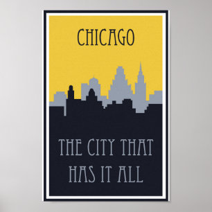 Chicago Illinois City Skyline Vintage Travel Poster
