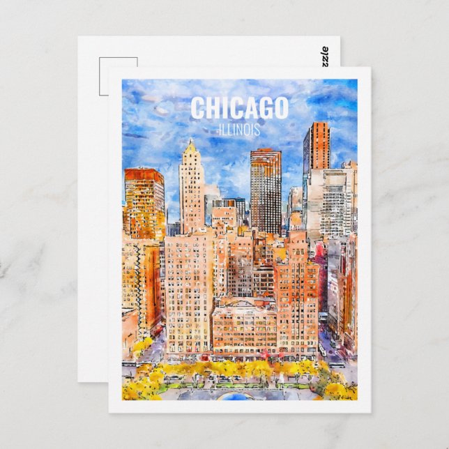 Chicago Illinois Famous Travel Watercolor Sketch Postkarte (Vorne/Hinten)
