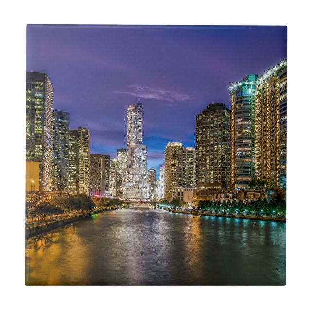 Chicago Illinois in der Nacht Fliese (Vorderseite)