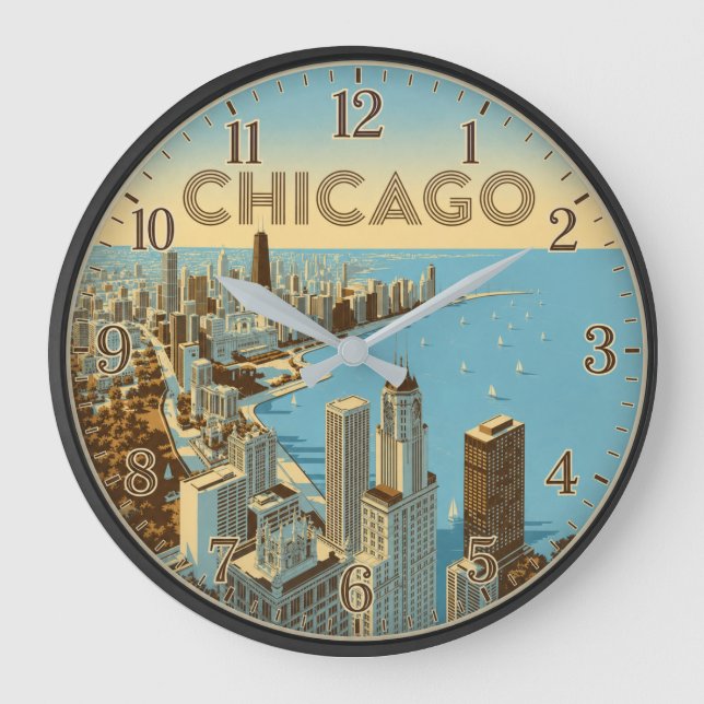 Chicago Illinois Lakefront Skyline Große Wanduhr (Vorderseite)