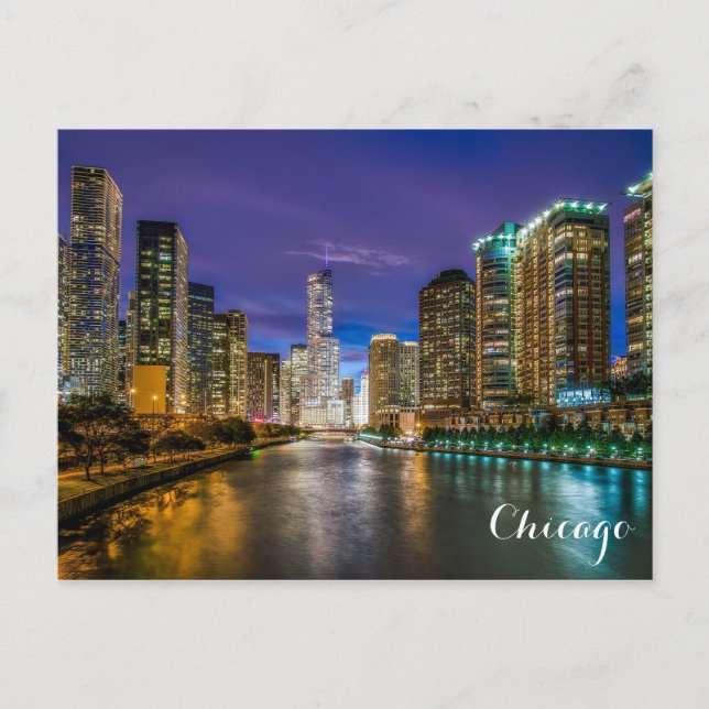 Chicago Illinois River Skyline beim Night Foto Postkarte (Vorderseite)