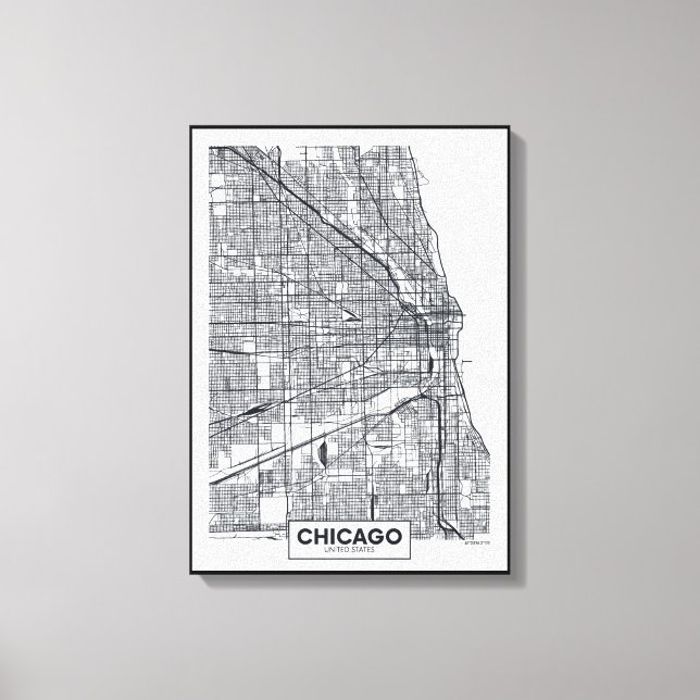 Chicago, Illinois | Schwarz-Weiß-Stadtplan Leinwanddruck (Vorderseite)