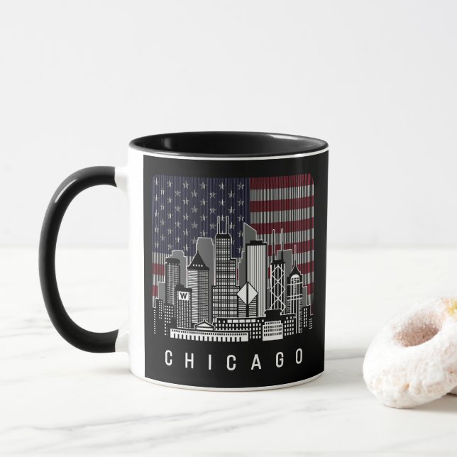 Chicago Illinois Skyline American Flag Tasse (Mit Donut)