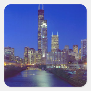 Chicago, Illinois, Skyline bei Nacht mit Chicago Quadratischer Aufkleber