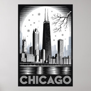 Chicago Illinois Skyline Schwarz Weiß Holzschnitt Poster