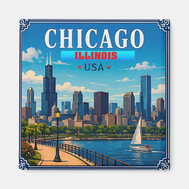 🌆 Chicago Illinois Skyline Urlaubserinnerung Magnet (Vorne)