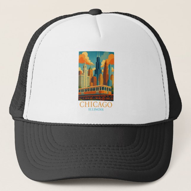 Chicago Illinois Skyline Vintage Art Travel Truckerkappe (Vorderseite)