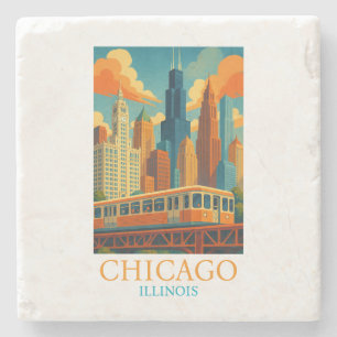 Chicago Illinois Skyline Vintage Kunst Reise Steinuntersetzer