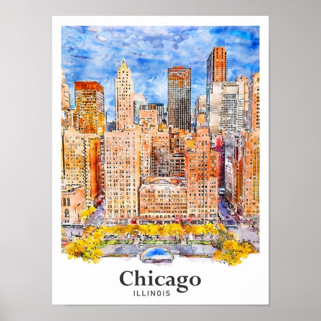 Chicago Illinois Travel Watercolor Hand Drawing Poster (Vorne)