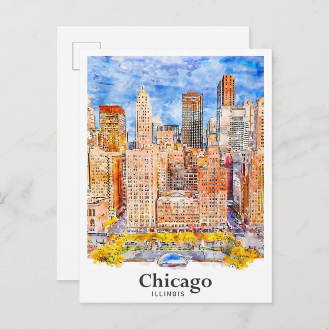 Chicago Illinois Travel Watercolor Hand Drawing Postkarte (Vorne/Hinten)
