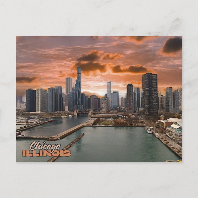 Chicago Illinois View während der Sunset Postkarte (Vorderseite)