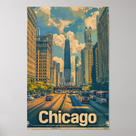 Chicago Illinois Vintag Retro Travel Illustration Poster