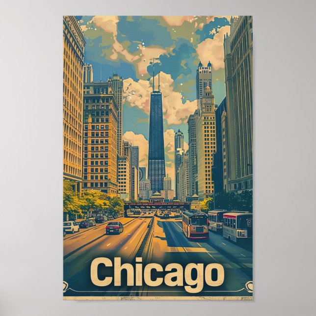Chicago Illinois Vintag Retro Travel Illustration Poster (Vorne)