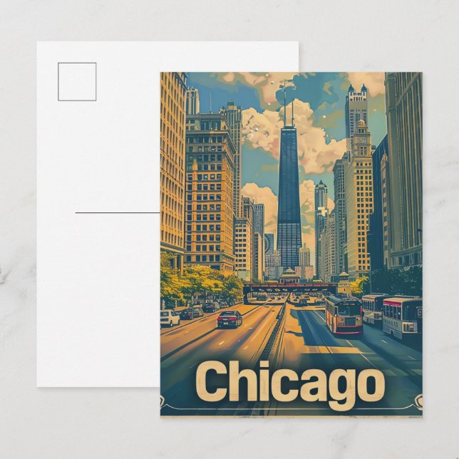 Chicago Illinois Vintag Retro Travel Illustration Postkarte (Vorne/Hinten)