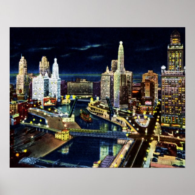 Chicago Illinois Wacker Drive bei Nacht Poster (Vorne)