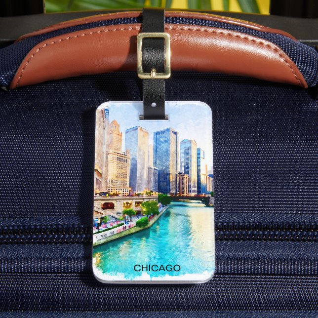 Chicago Illinois Watercolor City View Gepäckanhänger (Vorderseite Insitu 2)