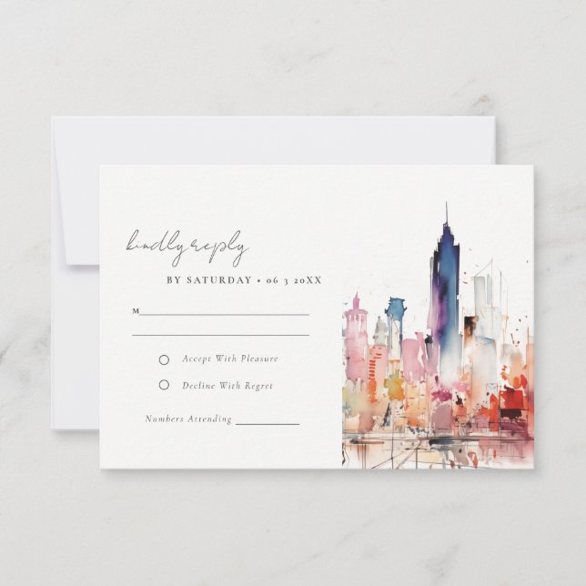 Chicago Illinois Watercolor Landscape Wedding RSVP Karte (Vorderseite)