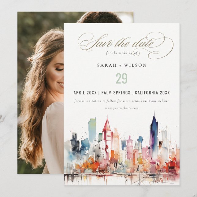 Chicago Illinois Watercolor Scape Photo Wedding Save The Date (Vorne/Hinten)