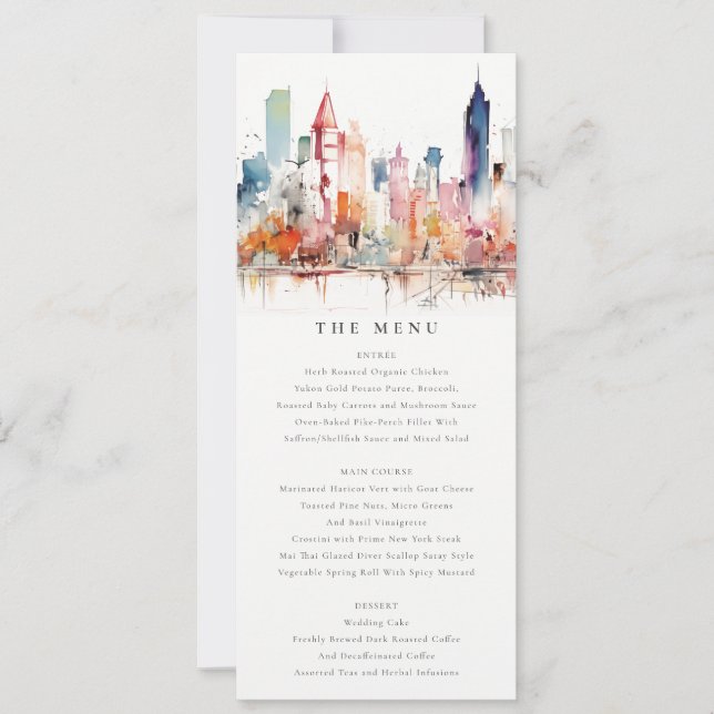 Chicago Illinois Watercolor Scape Wedding Menu Einladung (Vorderseite)