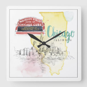 Chicago, Illinois   Watercolor Sketch Quadratische Wanduhr