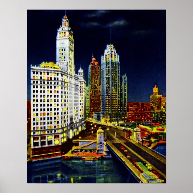 Chicago Illinois Wrigley Gebäude by Night Poster (Vorne)