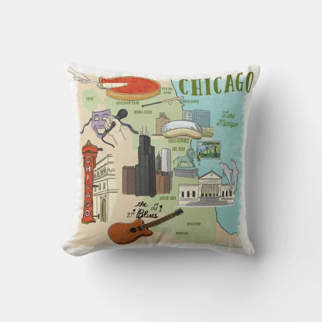 Chicago Illustriert Map Throw Pillow Kissen (Vorderseite)