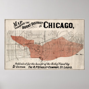 Chicago Karte ab 1871 nach dem Feuer wiederhergest Poster