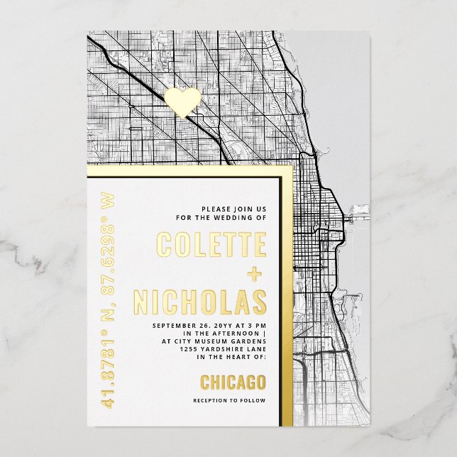 Chicago Liebe Locator | Städtische Hochzeit Folieneinladung (Vorderseite)