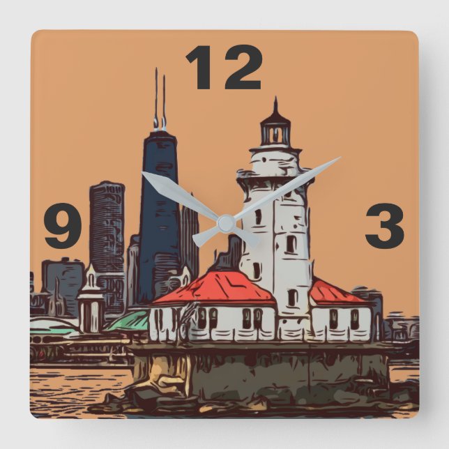 CHICAGO LIGHTHOUSE QUADRATISCHE WANDUHR (Vorderseite)