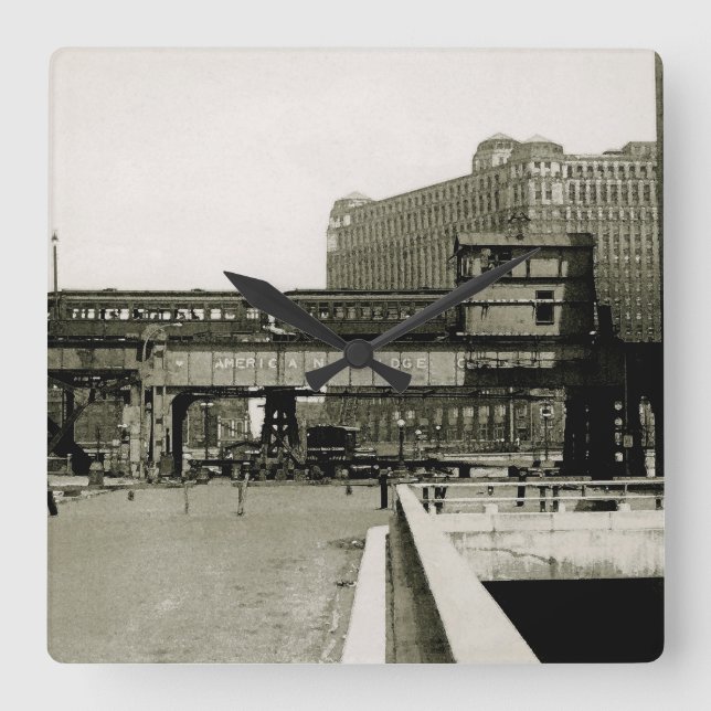 CHICAGO MERCHANDISE MART TROLLEY ZUG WATERCOLOR QUADRATISCHE WANDUHR (Vorderseite)